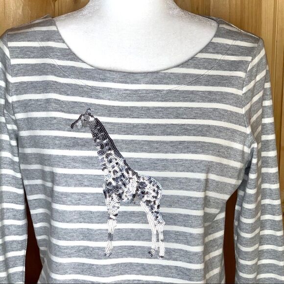 Talbots gray/ white stripe top with sequin giraffe - Picture 2 of 9